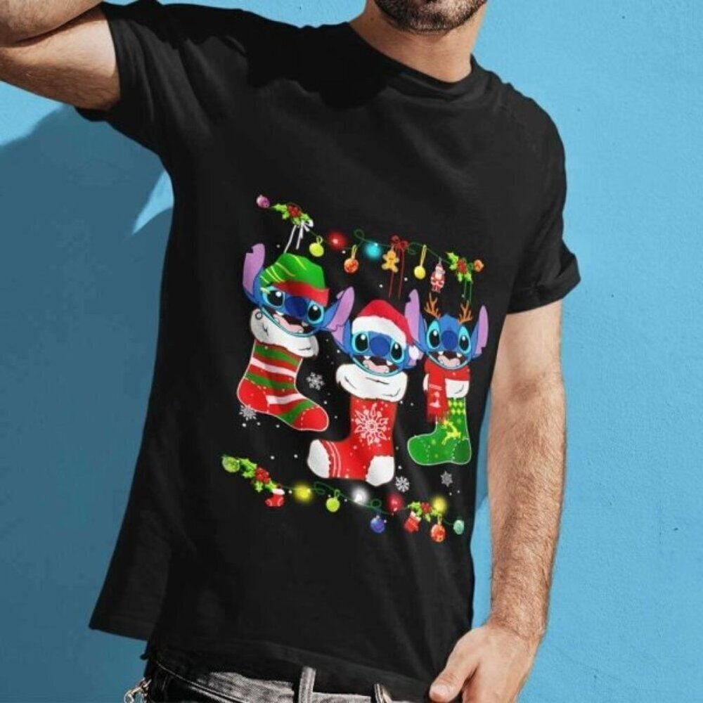 Stitch On Socks Disney Cartoon Christmas Holiday Fan Gift Graphic T-shirt